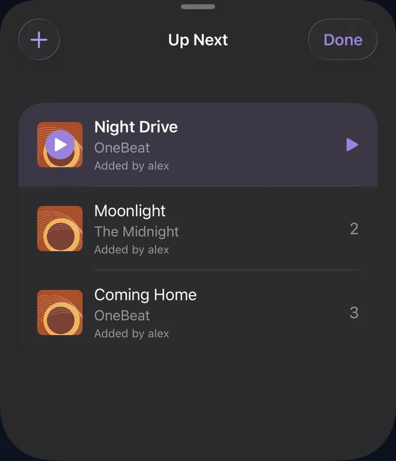 The shared Up Next queue in OneBeat, with Night Drive playing and Moonlight and Coming Home queued.