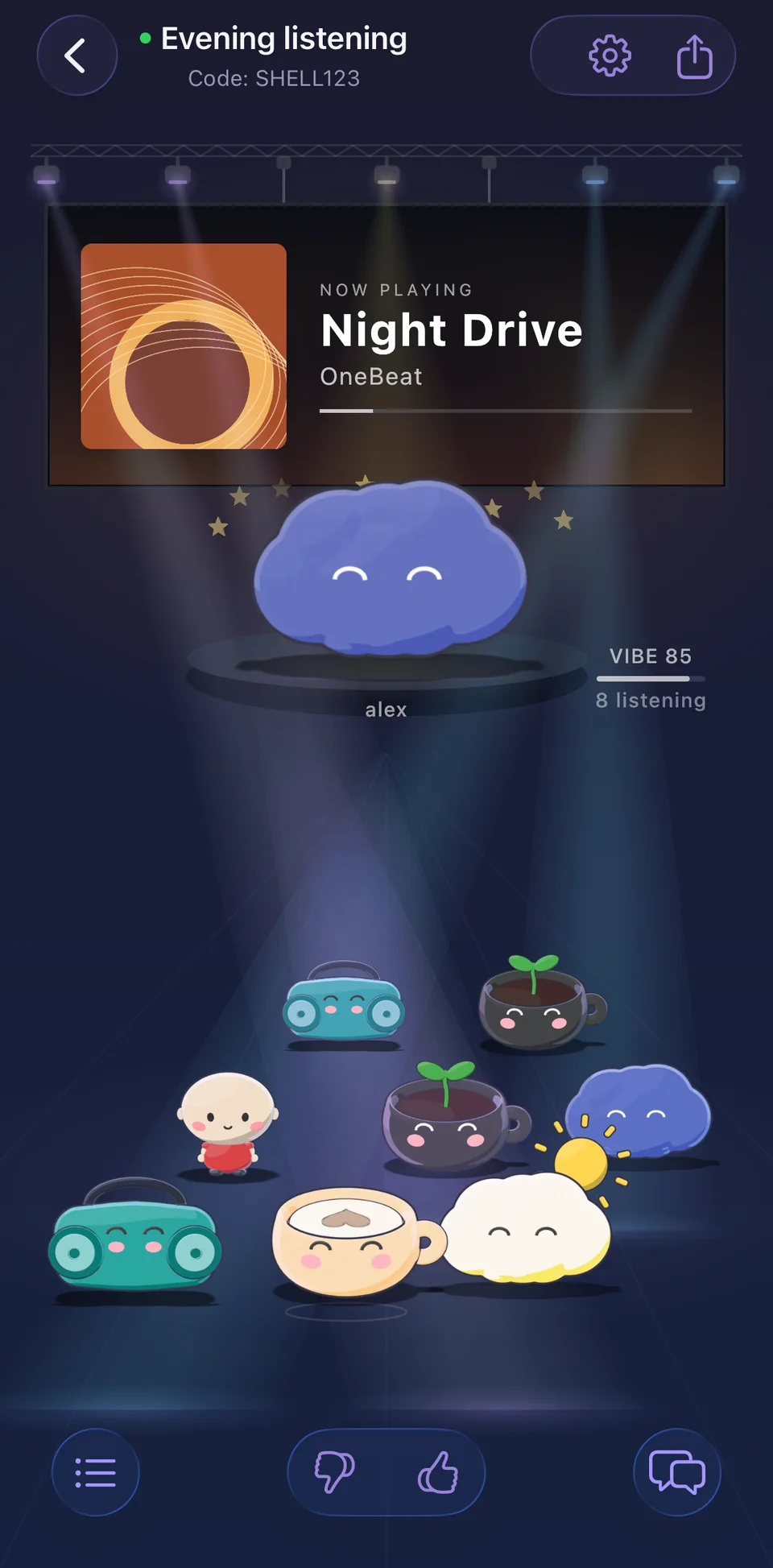 The OneBeat concert room: Night Drive on the stage screen, a cloud DJ, eight listeners, a vibe meter and voting controls.